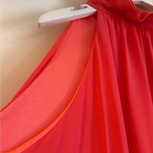 Flowy Coral-Red Halter Maxi Dress w/ Bow Tie back – Lightweight & Elegant